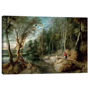 تابلو بوم کنواس طرح A Shepherd with his Flock in a Woody Landscape کد 903035 چوپانی به همراه گله‌اش در چشم‌اندازی جنگلی