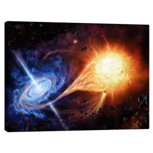 تابلو بوم کنواس طرح A binary system orbiting near a black hole کد 239816 یک سیستم دوتایی که در نزدیکی یک سیاهچاله در حال چرخش است