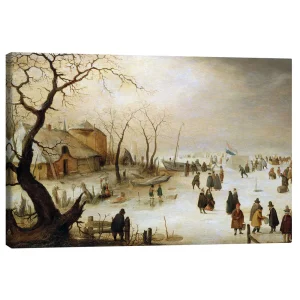تابلو بوم کنواس طرح A winter landscape with figures on the ice کد 666390 منظره زمستانی با چهره‌هایی روی یخ