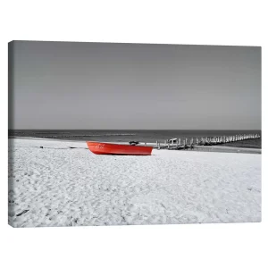 تابلو بوم کنواس طرح Red boat on the beach کد 758765 قایق قرمز در ساحل