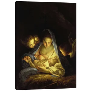 تابلو بوم کنواس طرح Mary with the Christ child bent over the crib کد 931016 مریم با کودک مسیح که روی گهواره خم شده است