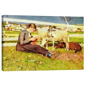 تابلو بوم کنواس طرح A Girl Knitting کد 846746 دختری در حال بافتنی